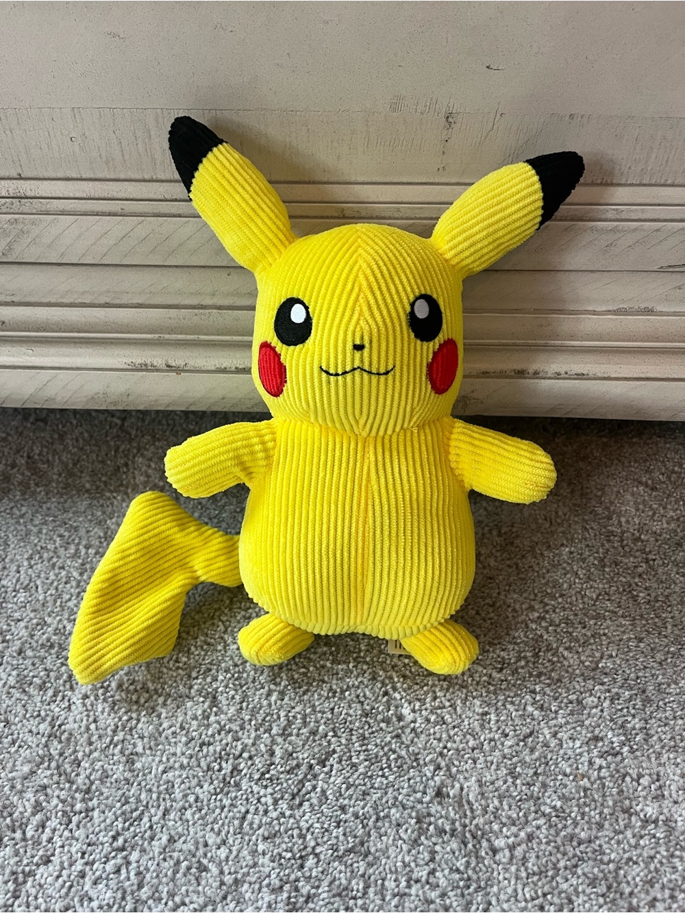 Pokemon Yellow Corduroy Pikachu Plush with Black Ear Tips and Red Cheeks